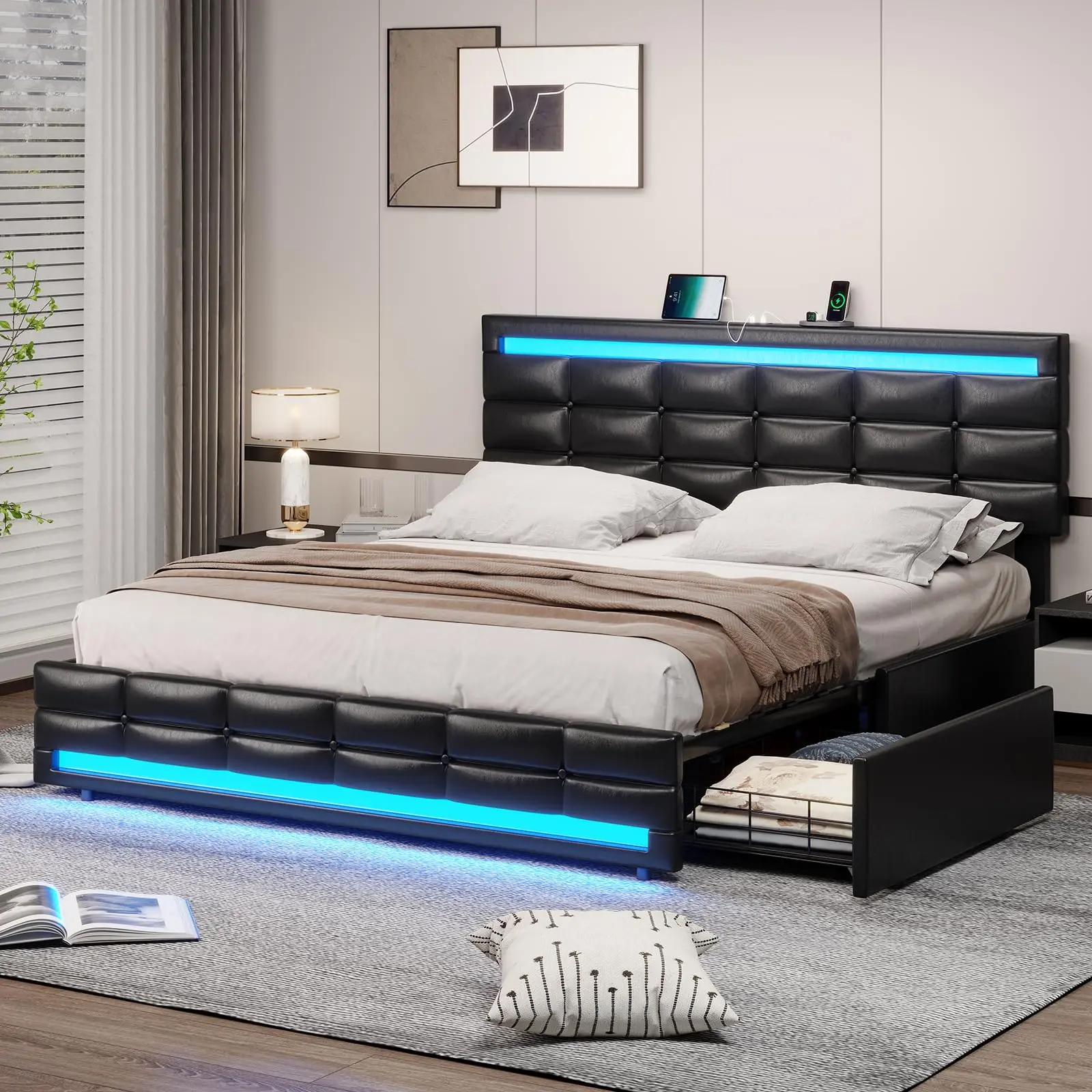 SIKAIC Queen Size PU Leather Upholstered Modern Bed Frame - Black Platform Bed with Adjustable LED Lights, Hidden Storage Drawers, USB Charging Station, Assembly Required