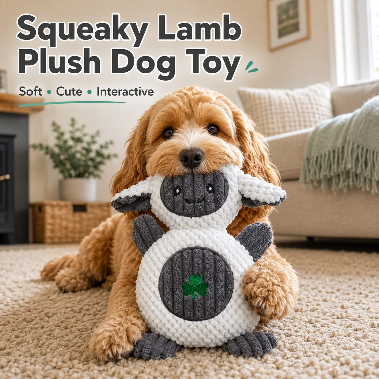 Cute Lamb-Shaped Sound-Activated Plush Dog Toy, Soft Stuffed Animal, Embroidered Face, Built In Sound, Ideal for Small to Medium Dogs, 12.6 Inches