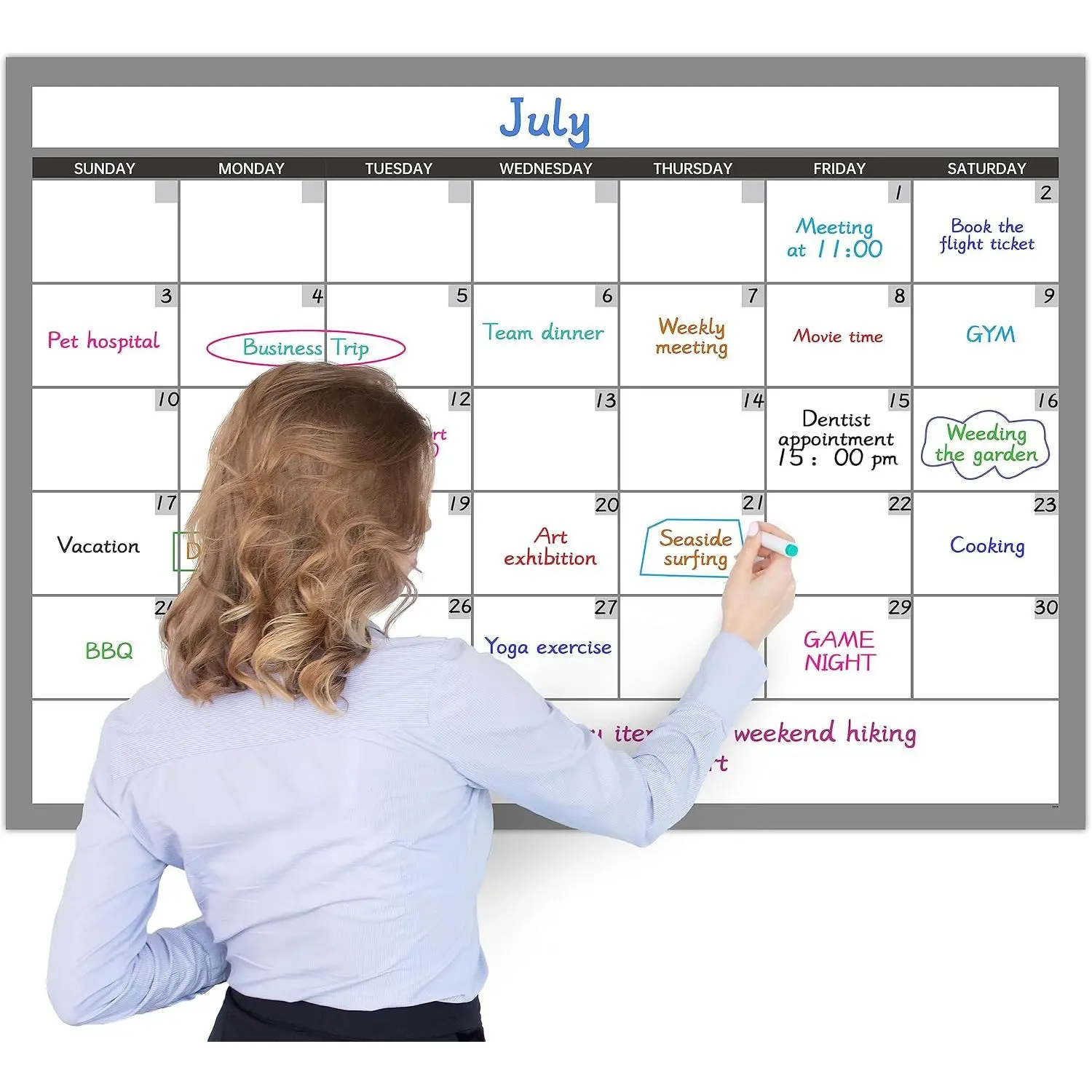 Large Undated Erasable Monthly View Wall Dry Erase Calendar, 40"x28" Laminated, 10-Round Sticker Set, for Office/School Use