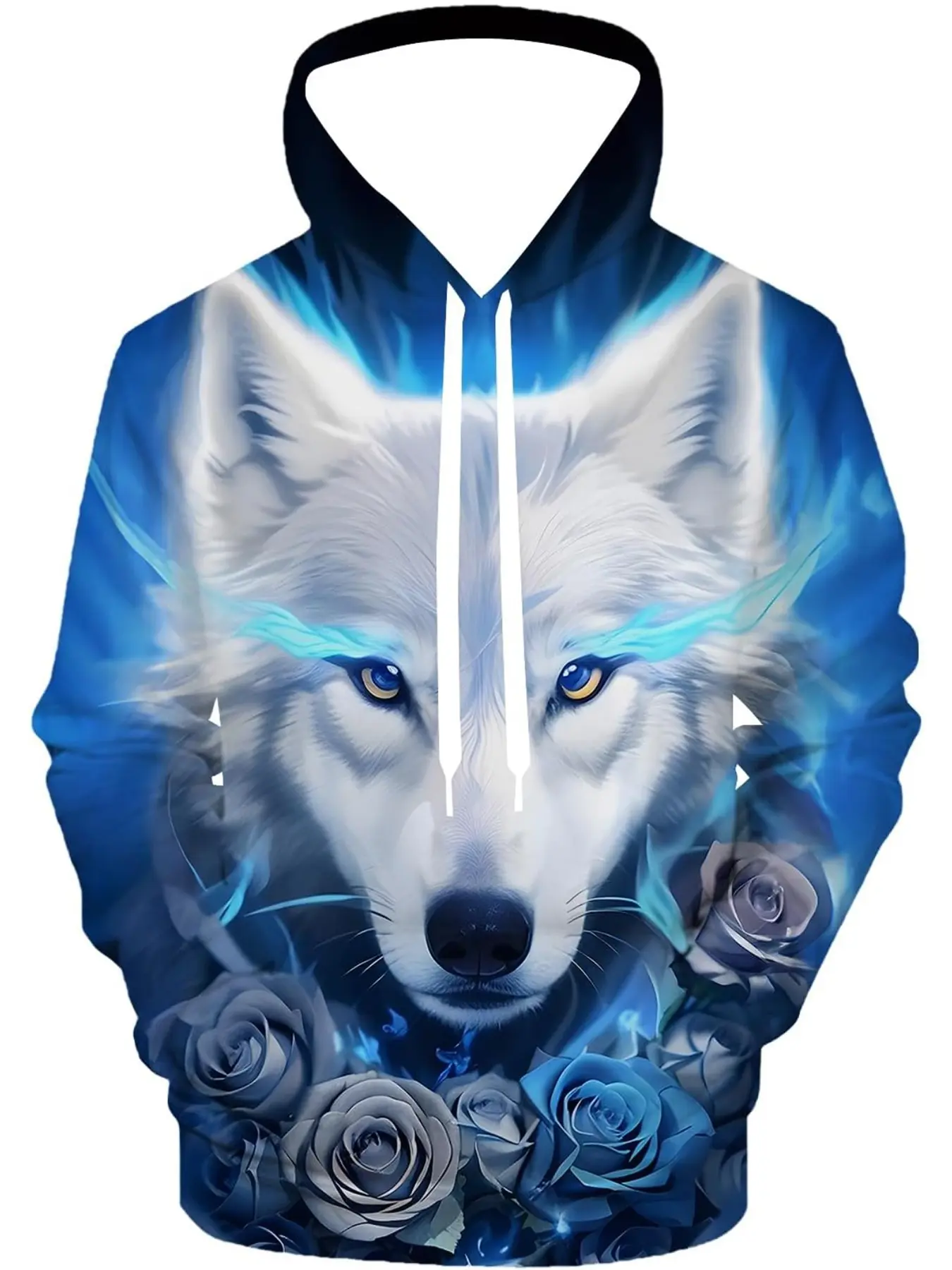Ice Blue Flame White Wolf Blue Rose 3D Full Print Drawstring Hooded Loose Sweatshirt