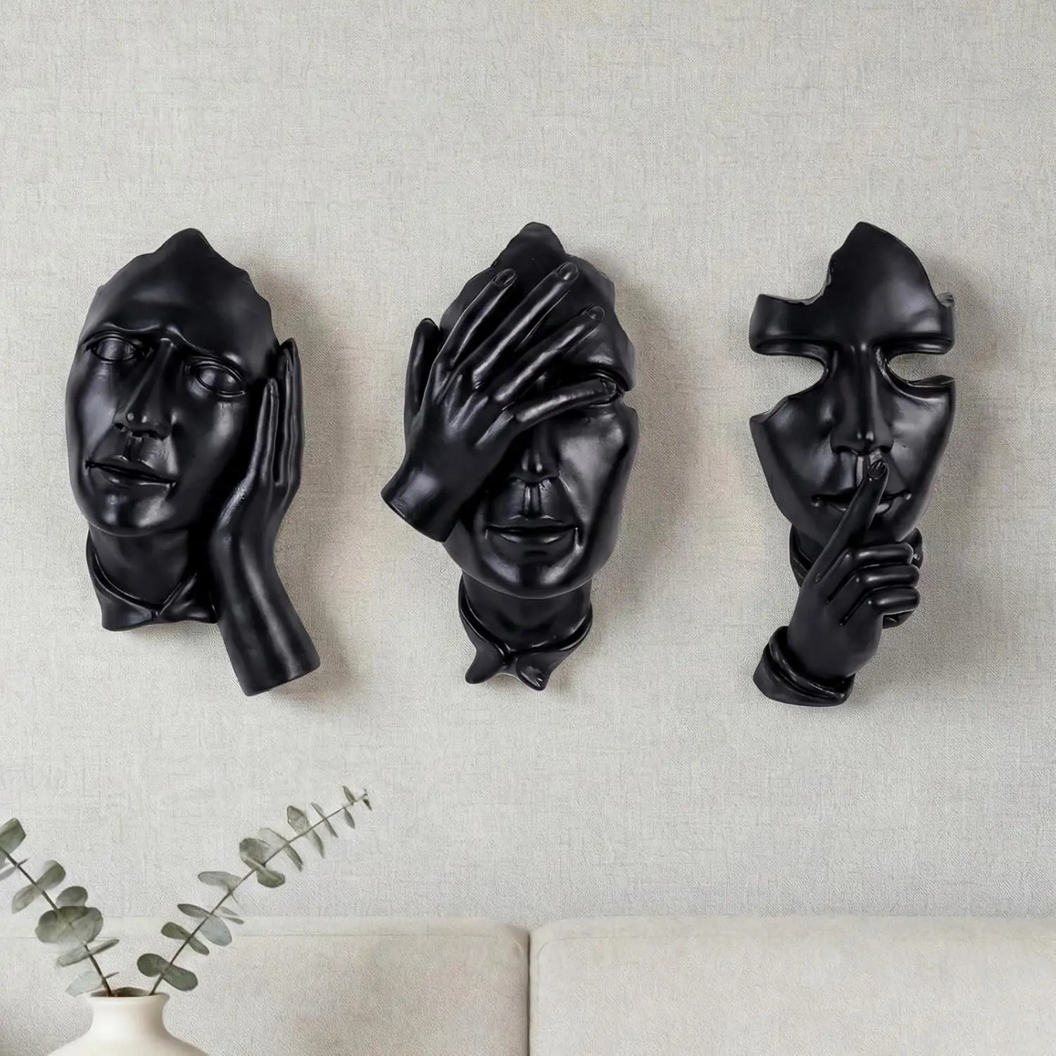 orenm 3-Piece Abstract Face Wall Sculptures, Resin Modern Art Wall Decor for Men Bedroom, Living Room, Office, Studio & Entertainment Center (Black)
