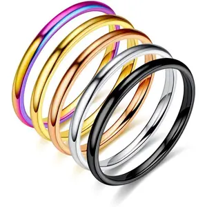 2mm Thin Titanium Stainless Steel Knuckle Stacking Midi Rings,Stackable Dome Band Finger Ring Set for Women Men,5Pcs Simple Stylish Polished Wedding Ring Size 6-11