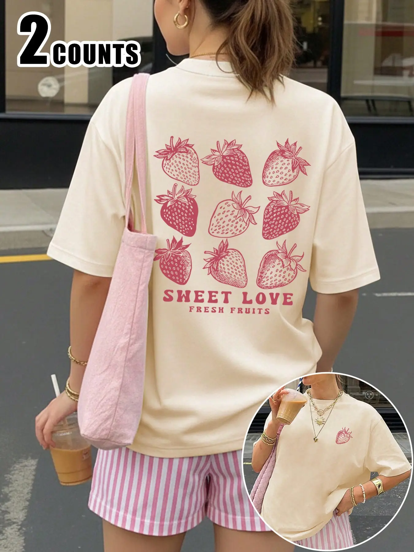 Women's Strawberry Fruit Print Loose Top + Striped Shorts Set, Comfortable and Trendy Fashion, Ideal for Daily Wear, Summer Casual Outfit, Clothes