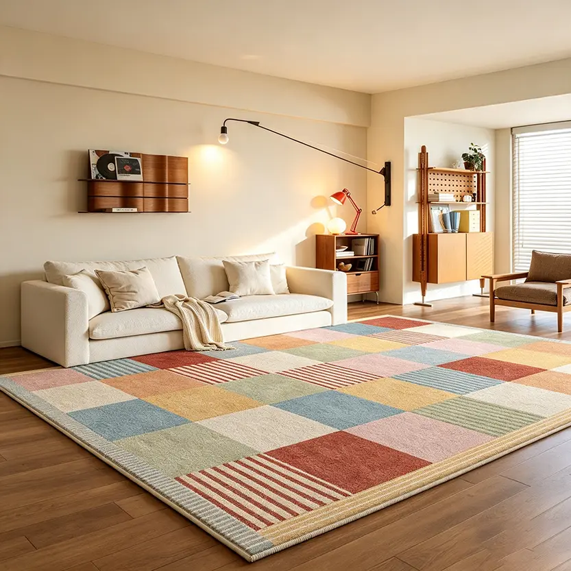 Boho Retro Checkerboard Patchwork Look Soft Velvet Rug, 100cm×160cm/3.28'-5.25' Color Block Square & Stripe Large Indoor Carpet for Living Space