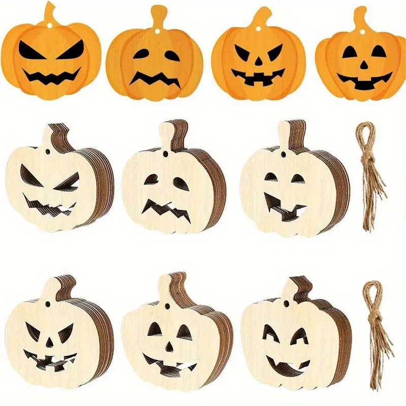 12/24pcs Halloween Pumpkin Wood Pieces, Thanksgiving Party Decorations, Unfinished Hanging Pumpkin Ornaments, Pendant, Suspended Decoration