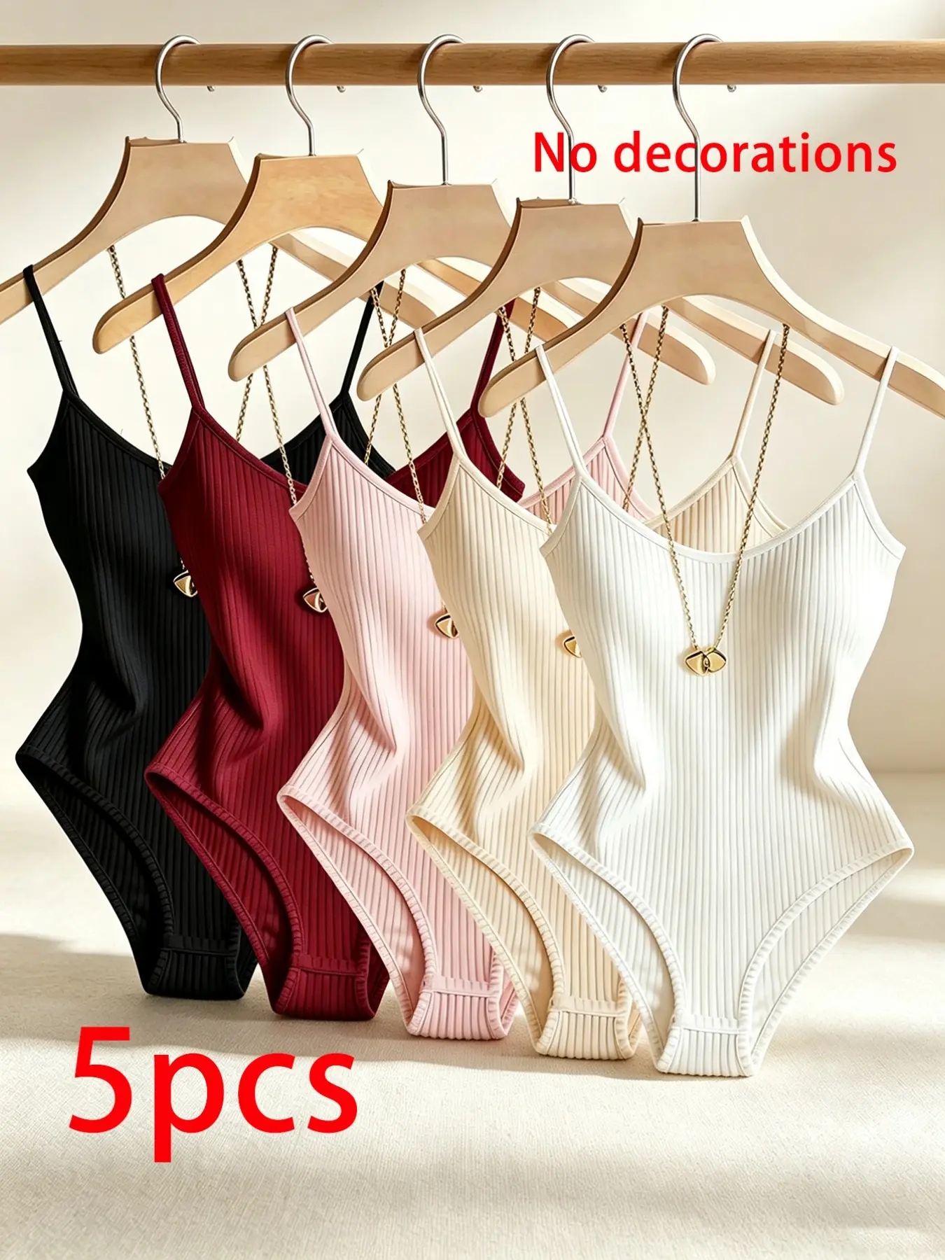 5-Pack Fuzzy Ribbed Bodycon Bodysuits, Strappy Ribbed Bodysuit, Solid Color Bodysuit, Comfortable & Stylish, Perfect for Everyday Wear