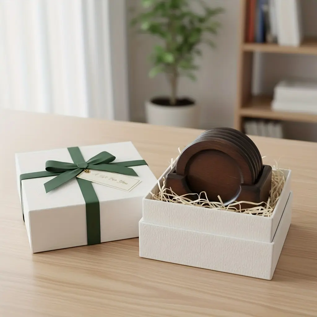 6-Piece Solid Wood Round Coaster Set (5 Coasters & 1 Holder) – Heat-Resistant, Non-Slip, Modern Minimalist Design; Suitable for Home & Office Use
