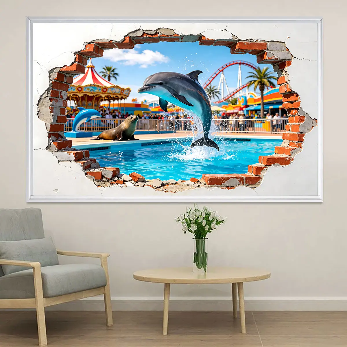 This 1-piece wallpaper/wall sticker features a dolphin performance design with a wall-breaking effect. Made of PVC with adhesive backing, it's easy to peel and stick, perfect for renovating old walls, and makes a great gift.