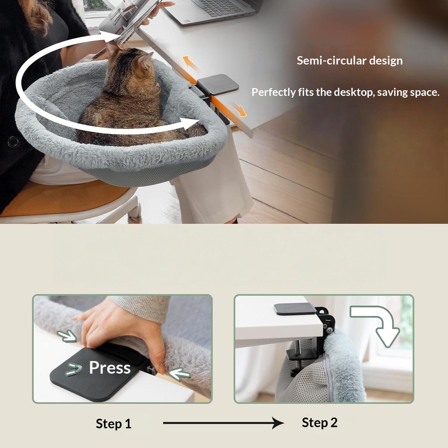 Under Desk Cat Hammock - Clamp On Cat Bed for Desk Edge, Durable Steel Frame Pet Perch, Easy to Clean Removable Cushion for Work-from-Home Pet Owners