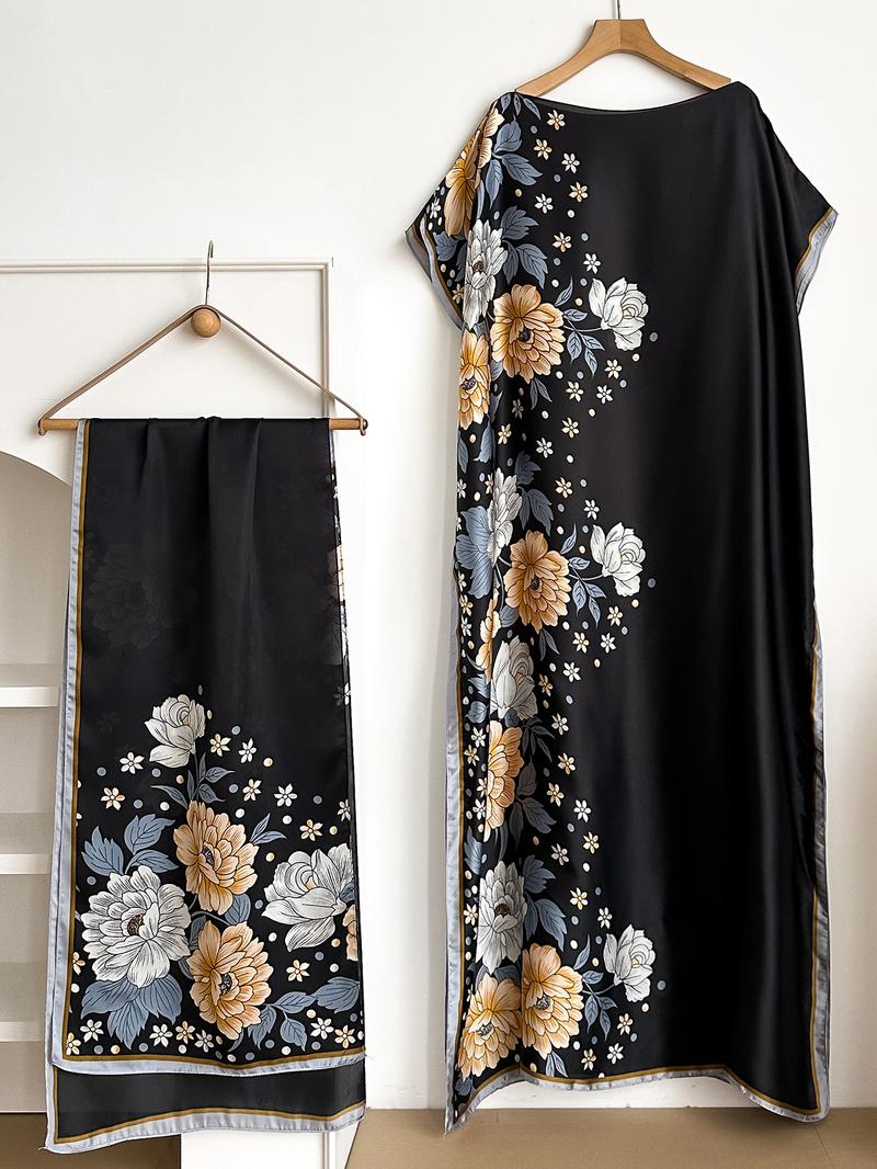 Women's Floral Print Long Dress & Scarf Set, Boho Casual Shawl Dress & Scarf Set for Beach Vacation Holiday, Ladies Clothes for All Seasons