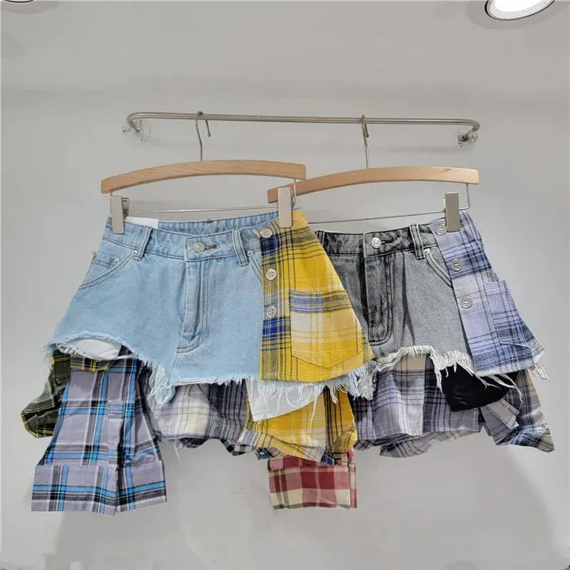 2026 new hot item Sexy Elegant Women's Skirt blue and yellow plaid patchwork high-waist A-line denim shorts for petite irregular hem skirts