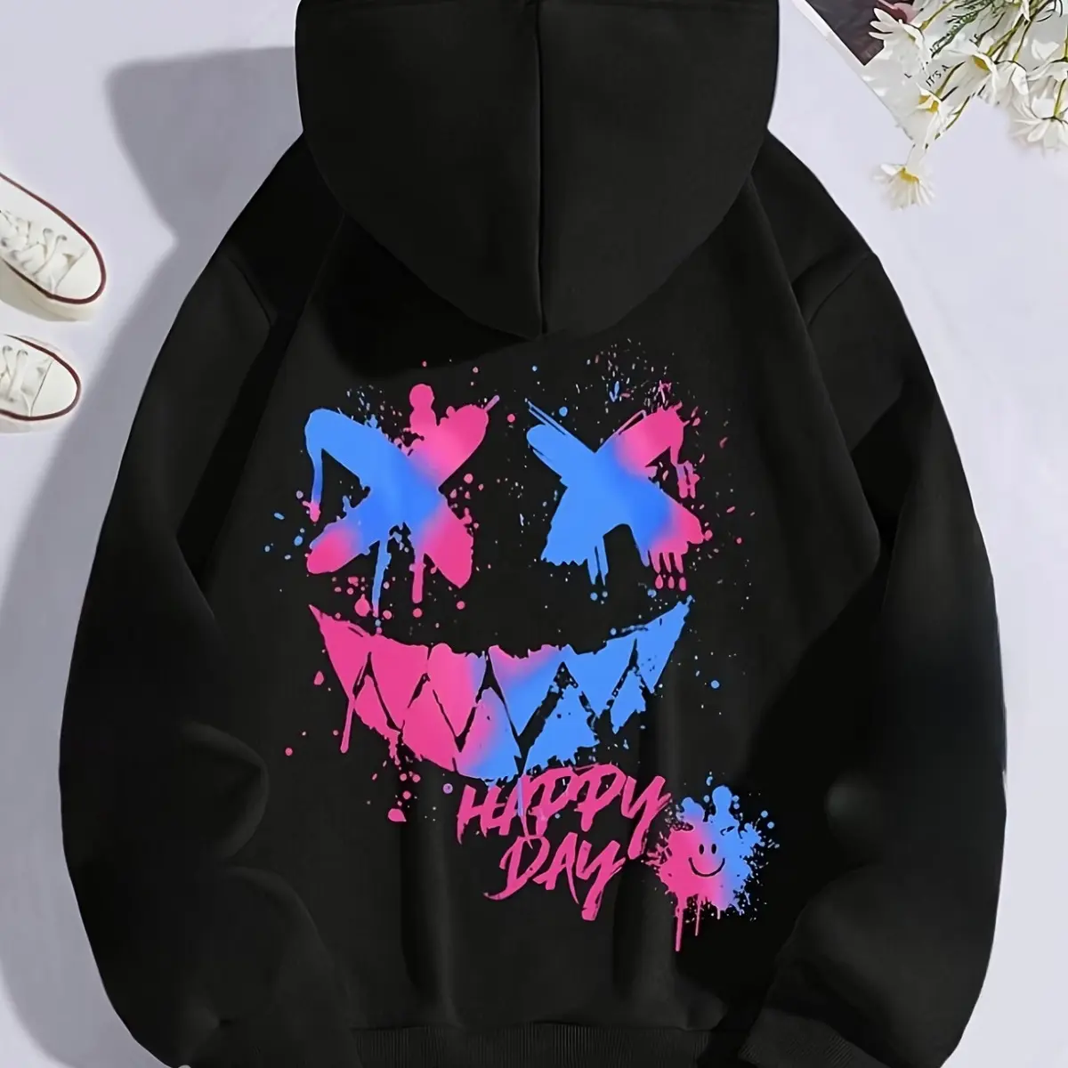 Graffiti Smiley Face Graphic Hoodie, Oversized Comfort Fashion Unisex Hooded Sweatshirt, Cool Drip Smile Print Outfit, Cute Holiday Best Gift for Him Her, Perfect Present for Valentine's Day, Birthday & Daily Streetwear
