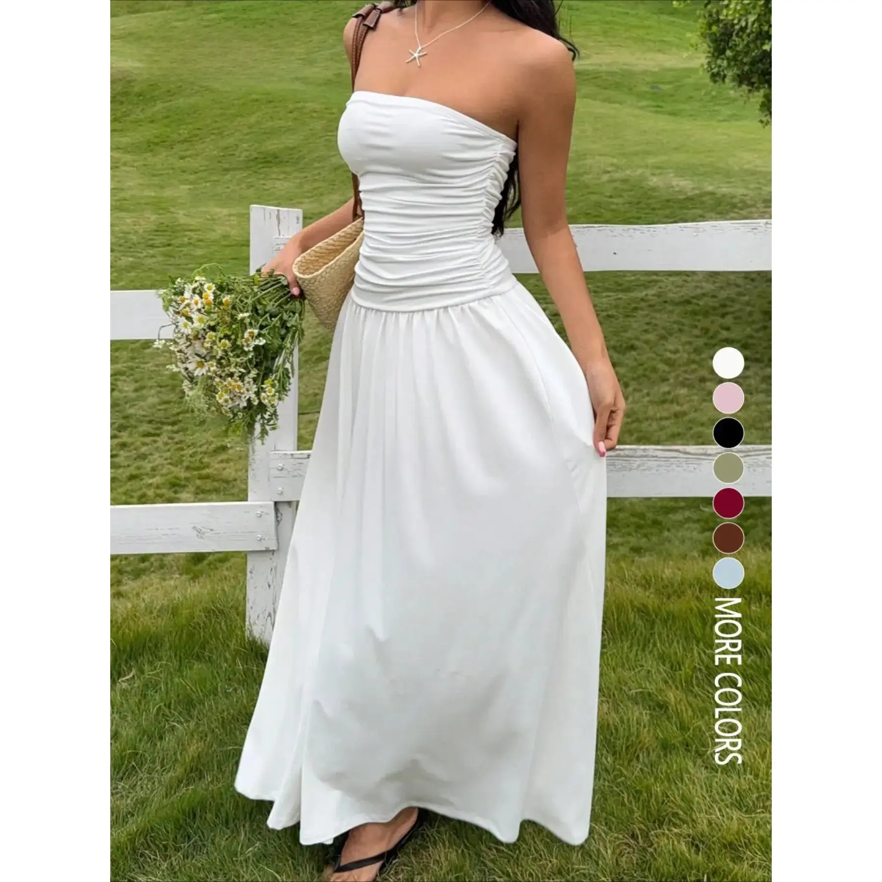 Women's Solid Color Strapless Ruched Chic Maxi Dress, Elegant Casual Long Summer Dress for Beach Vacations, Parties and Outings