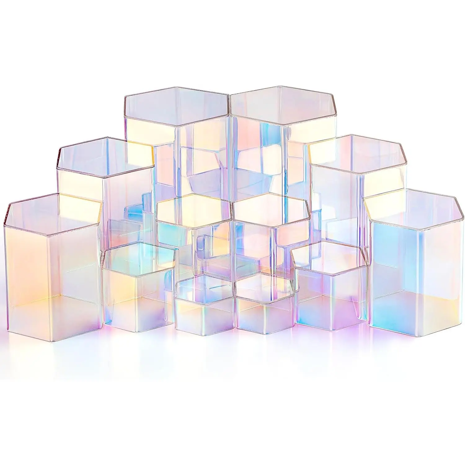 12 Pcs Hexagonal Jewelry Display Risers Hexagonal Market Display Risers Stands Acrylic Showcase Acrylic Stand for Jewelry Model Figures Decoration, 6 Sizes (Rainbow Color)