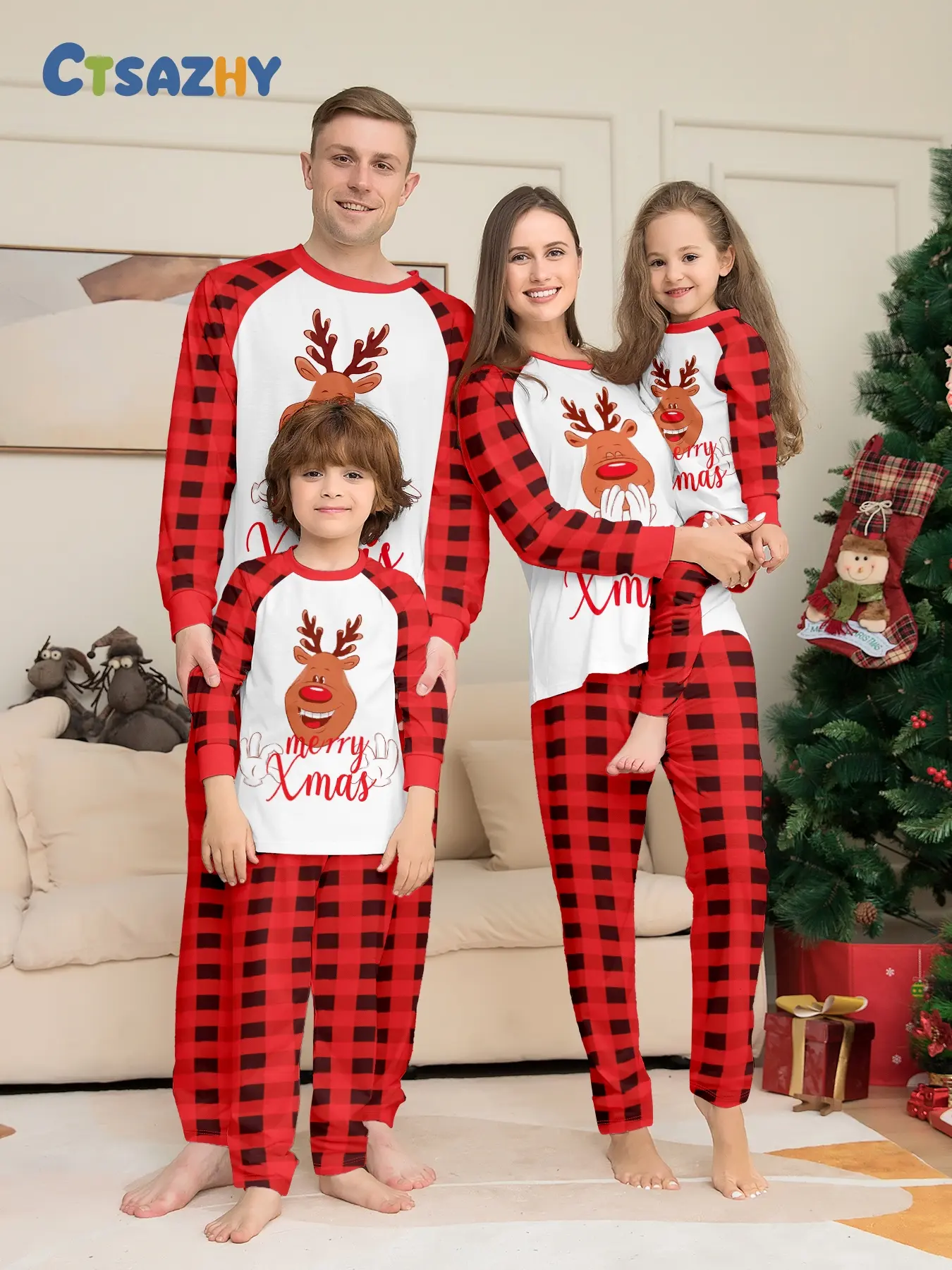 Christmas Pajama Set for Adults and Kids, Slim-Fitting Holiday, Nose Reindeer Print, Fall & Winter Wear, Family Matching Costume