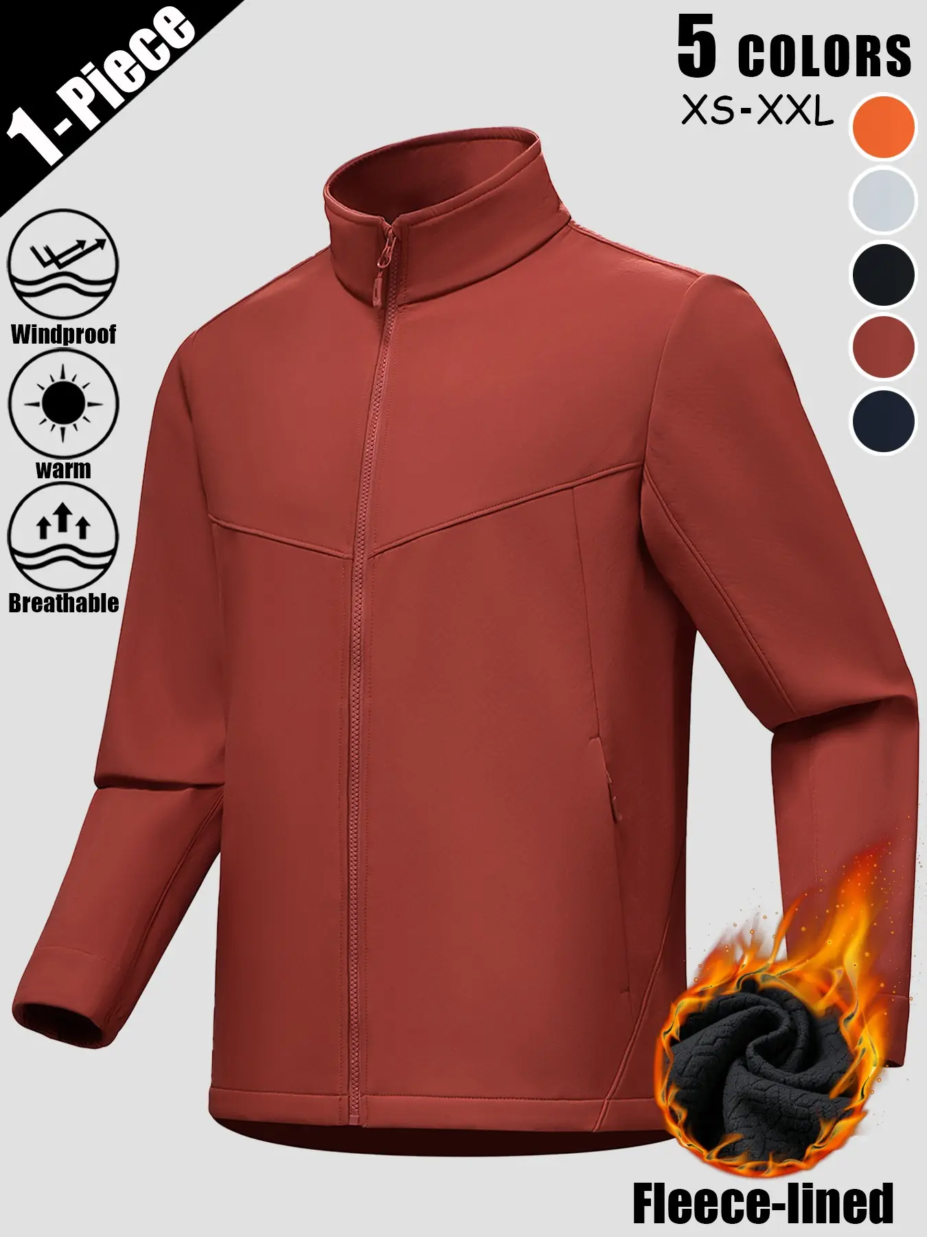 Unisex Fleece Lined Softshell Jacket, Windproof Waterproof Breathable Warm Full Zip Stand Collar Outdoor Sports Jacket with Multi Zip Pockets, Lightweight Comfortable All Season for Hiking Fishing Cycling Daily Commute Casual Outings Travel