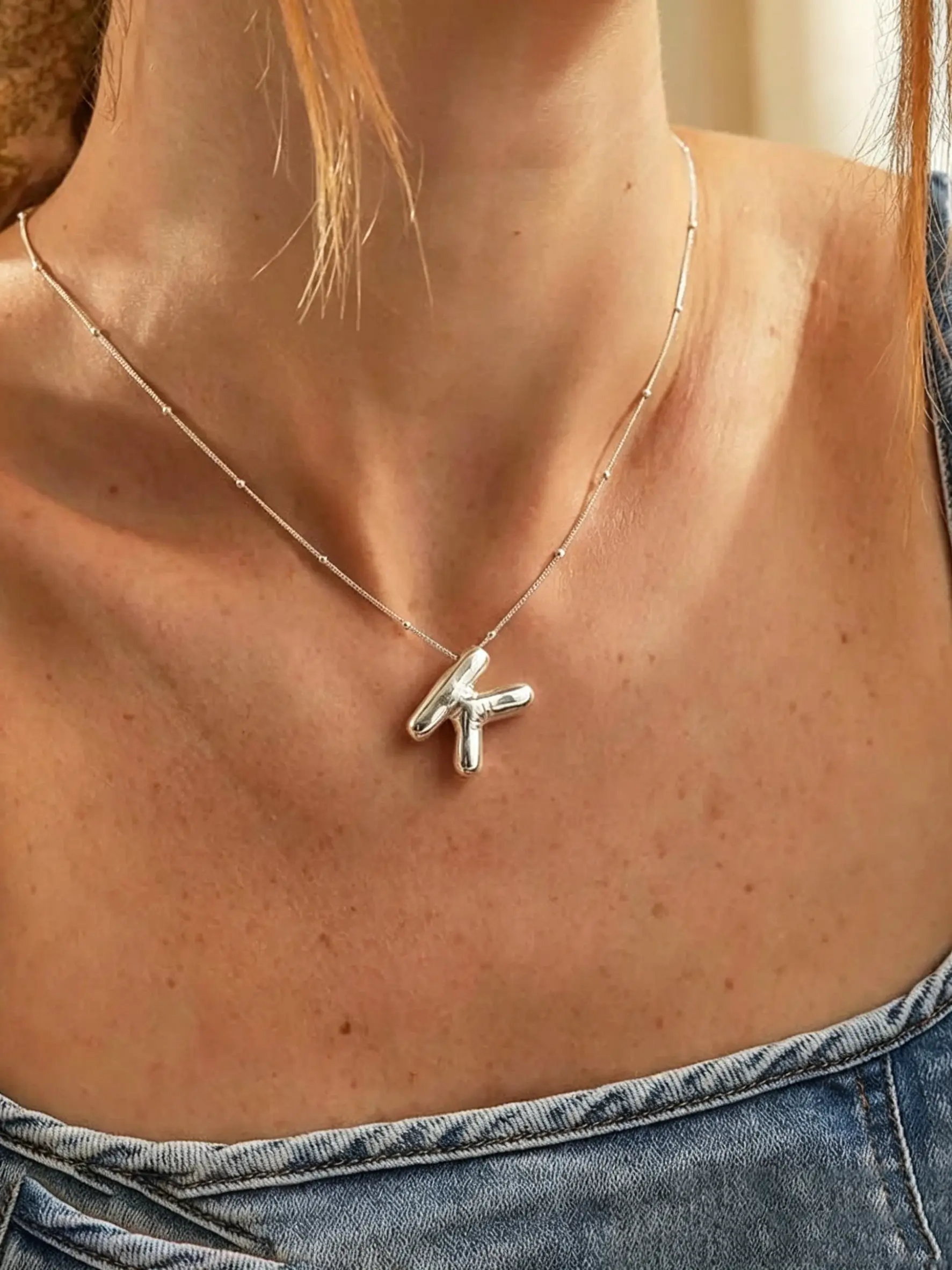 Silver puffy bubble initial necklace, Alphabet letter necklace, with A-Z 26 letters, balloon letter pendant paired with delicate beaded chain, minimalist silver design easy to layer, matches casual, office and daily outfits, timeless neck jewelry