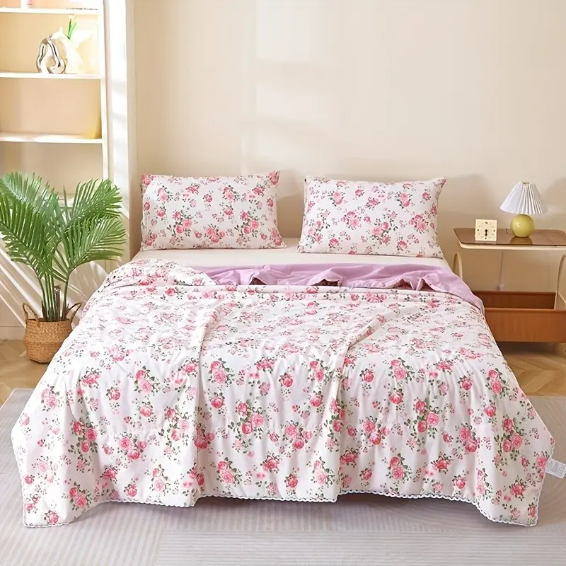 Summer Floral Print Breathable Summer Quilt, Soft Comfortable Bedding, Twin/double Size, Reversible Lightweight Quilt, Dual-Sided Use, Home Dorm Essentials, Floral Quilted Bedspread, Multipurpose Comfy Bedding
