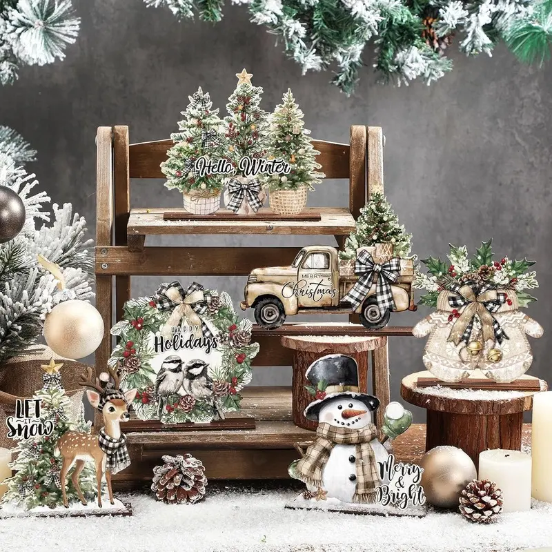 6-piece Halloween Party Snowman Wooden Table Decorations, Wooden Desktop Sign Centerpiece for Office Desk, Farmhouse Home Kitchen Tiered Tray Decor Stand, Tabletop Decorations, Decorative Signs