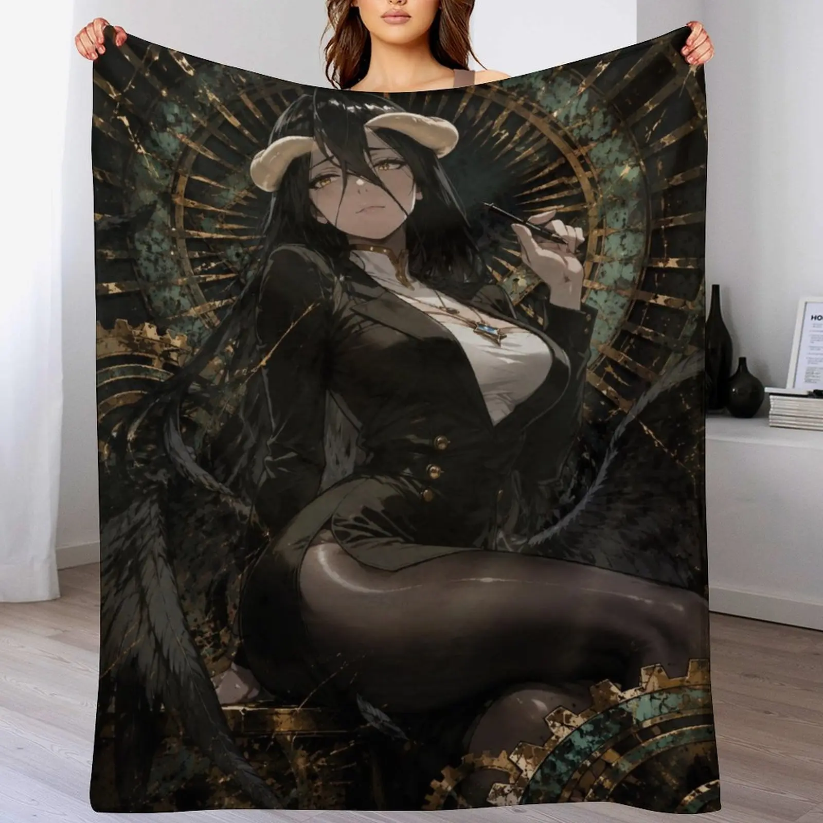 Albedo Overlord Black Wing Horn Lady Vintage Gear Anime Print Flannel Blanket - Dark Tones Warm Blanket, Indoor/Outdoor Home Decor Wall Decor Ideas Throw
