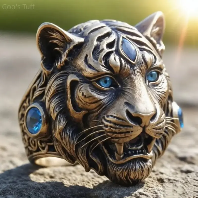 Vividly Carved Tiger Head Ring for Men, Bold Statement Animal Jewelry in Eco‑Friendly Alloy, Masculine Male Gift for Birthdays, Animal Theme Ring