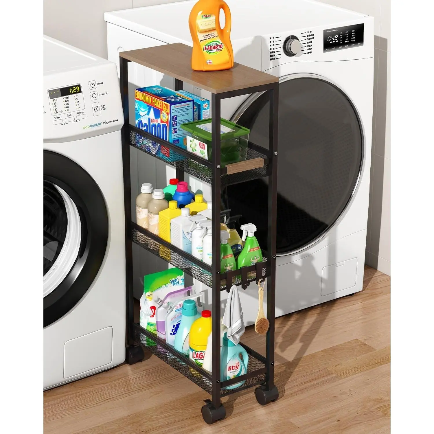 Utility Slim Storage Cart, 4 Tier Rolling Cart with Wheels, Narrow Storage Cabinet for Bathroom, Laundry Shelves for Room Organization, Small Organizer for Kitchen, Office and Dorm (Black)