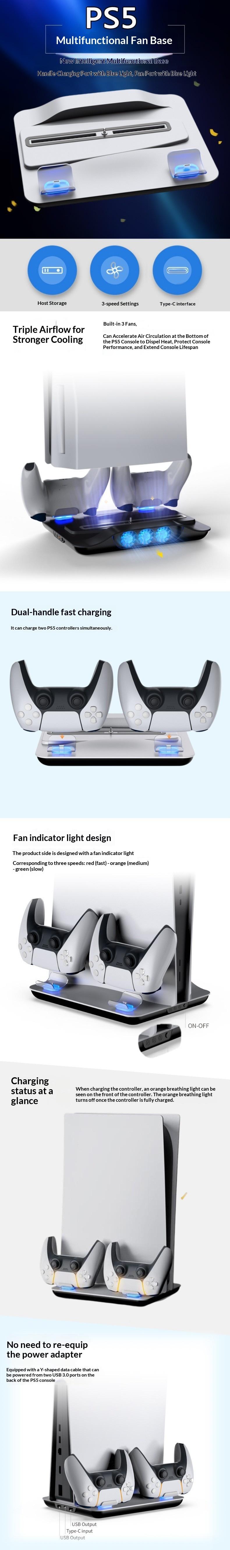 MOBIBLOOM Compatible PS5/PS5 Slim/PS5 Pro Multifunction Cooling Fan Base Stand, Charging Station for PS5 Gaming Controller, Blue Light, Game Accessory with Battery Protection Function