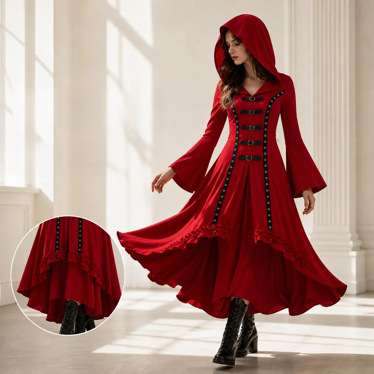Women’s Gothic Red Hooded Dress, Vintage Bell Sleeve High Low Hem Party Dress, Medieval Inspired Long Costume Outfit for Christmas, Halloween, Renaissance Fair