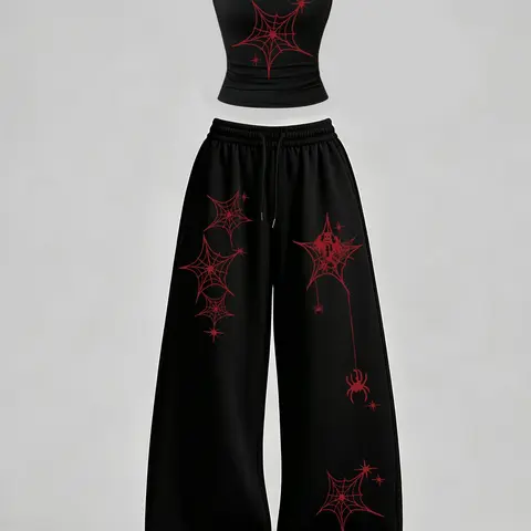 Women's Casual Tank Top Set, Slim-Fit U-Neck Vest and Loose Long Pants, Spider & Spider Web Print, Y2K Street Style, Streetwear