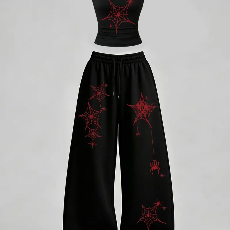 Women's Casual Tank Top Set, Slim-Fit U-Neck Vest and Loose Long Pants, Spider & Spider Web Print, Y2K Street Style, Streetwear