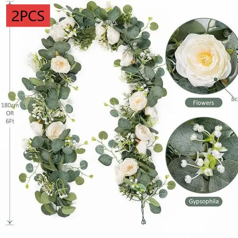 Artificial Eucalyptus Wreath with Roses, Realistic Floral Greenery Vines, Wedding Arch Background, Table Centerpiece, Party Decor