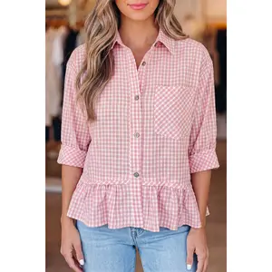 Pink Plaid Half Sleeve Ruffle Hem Button Down Shirt