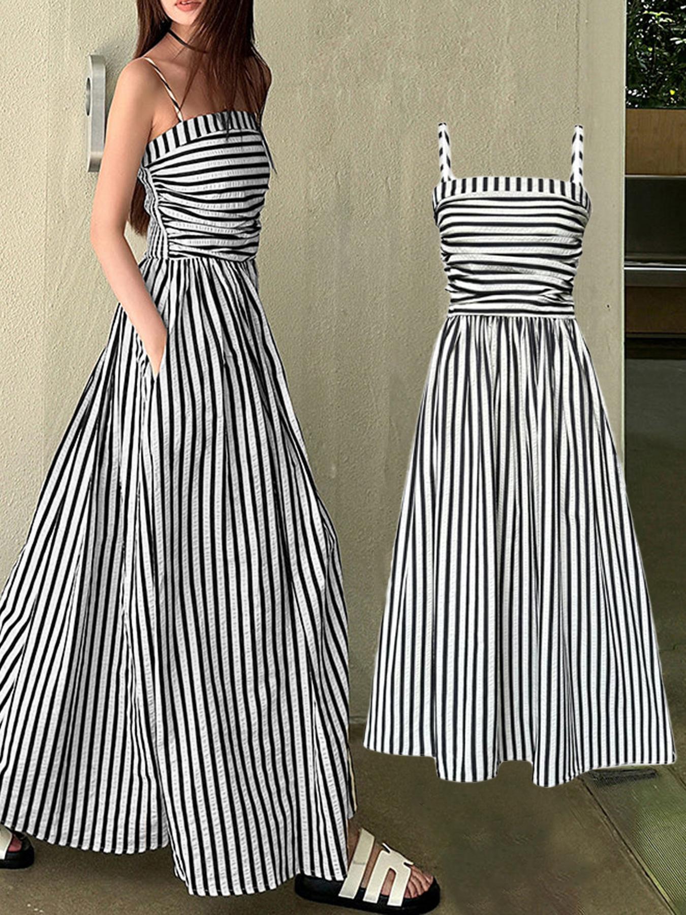 Women's Striped Print Cami Dress, Casual Sleeveless Spaghetti Strap Dress for Summer, Ladies Clothes for Beach Holiday