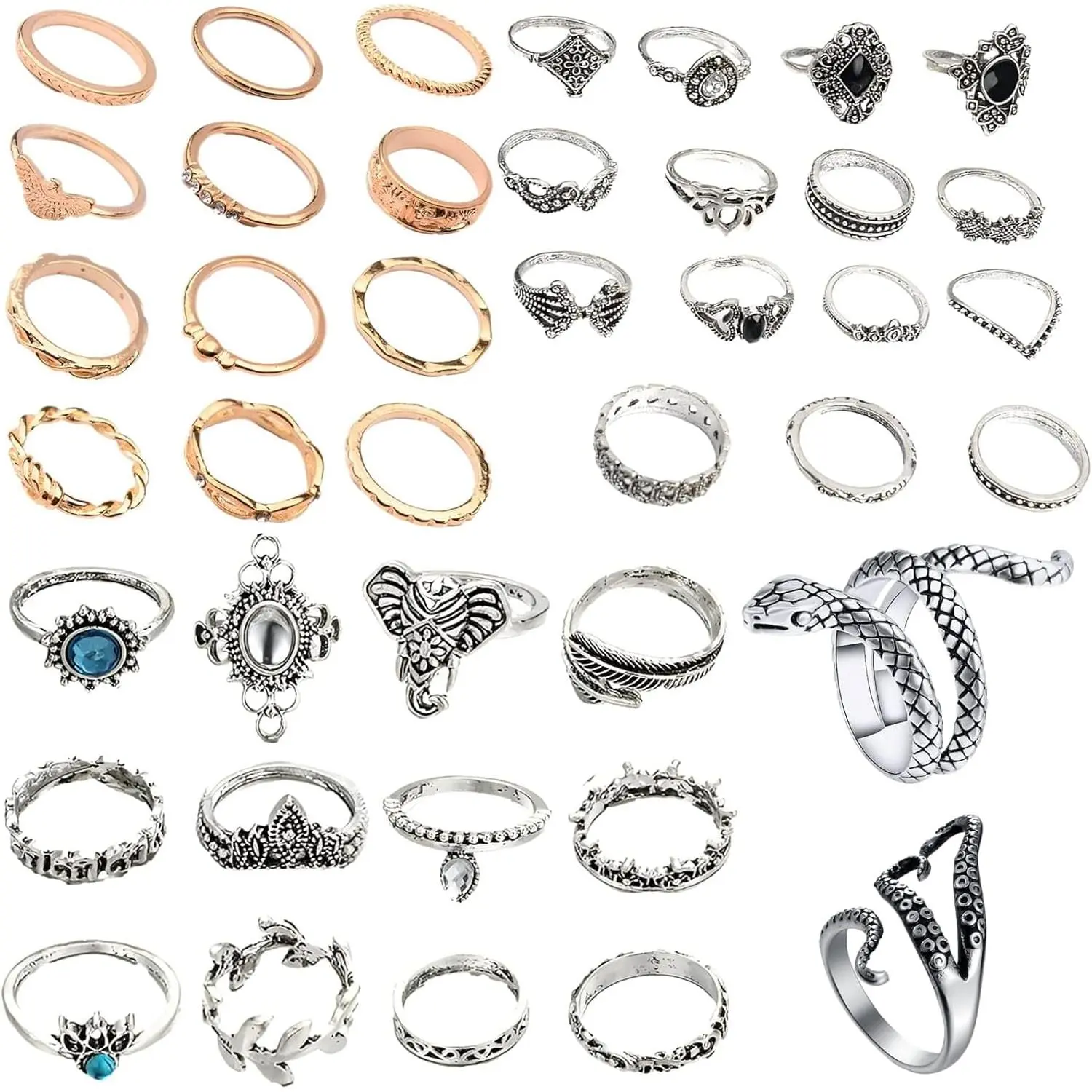 Snake Octopus Knuckle Rings Set, Simple Stacking Rings for Women Girls Men, Vintage Retro Crystal Bohemian Midi Rings, Joint Nail Cuff Statement Finger Rings