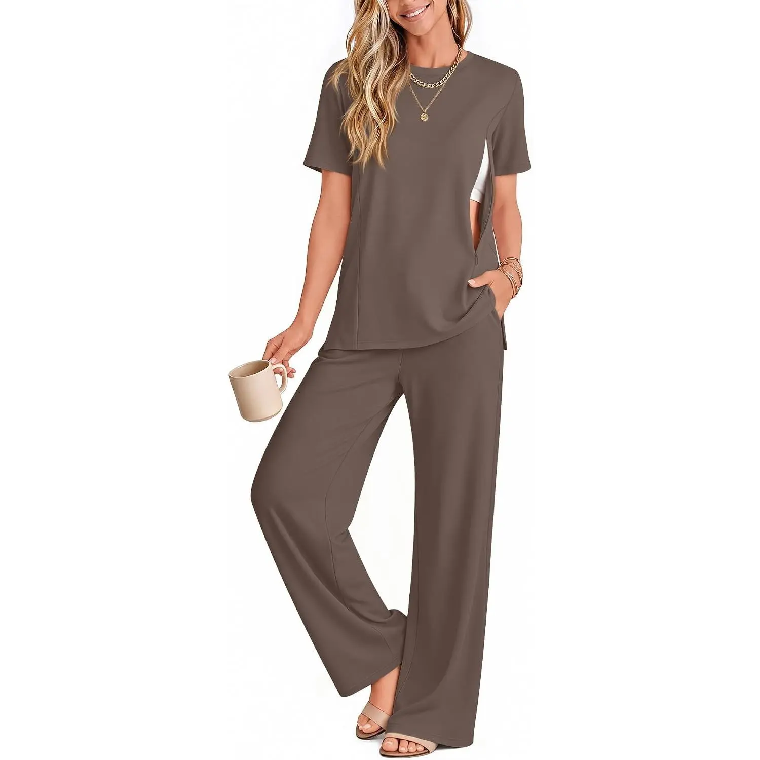 2Pc Postpartum Nursing Pajamas Set Hidden Zippers, Short Sleeve, Easy Breastfeeding, Crew Neck, Soft Stretchy Fabric, Lounge Outfit, for New Moms