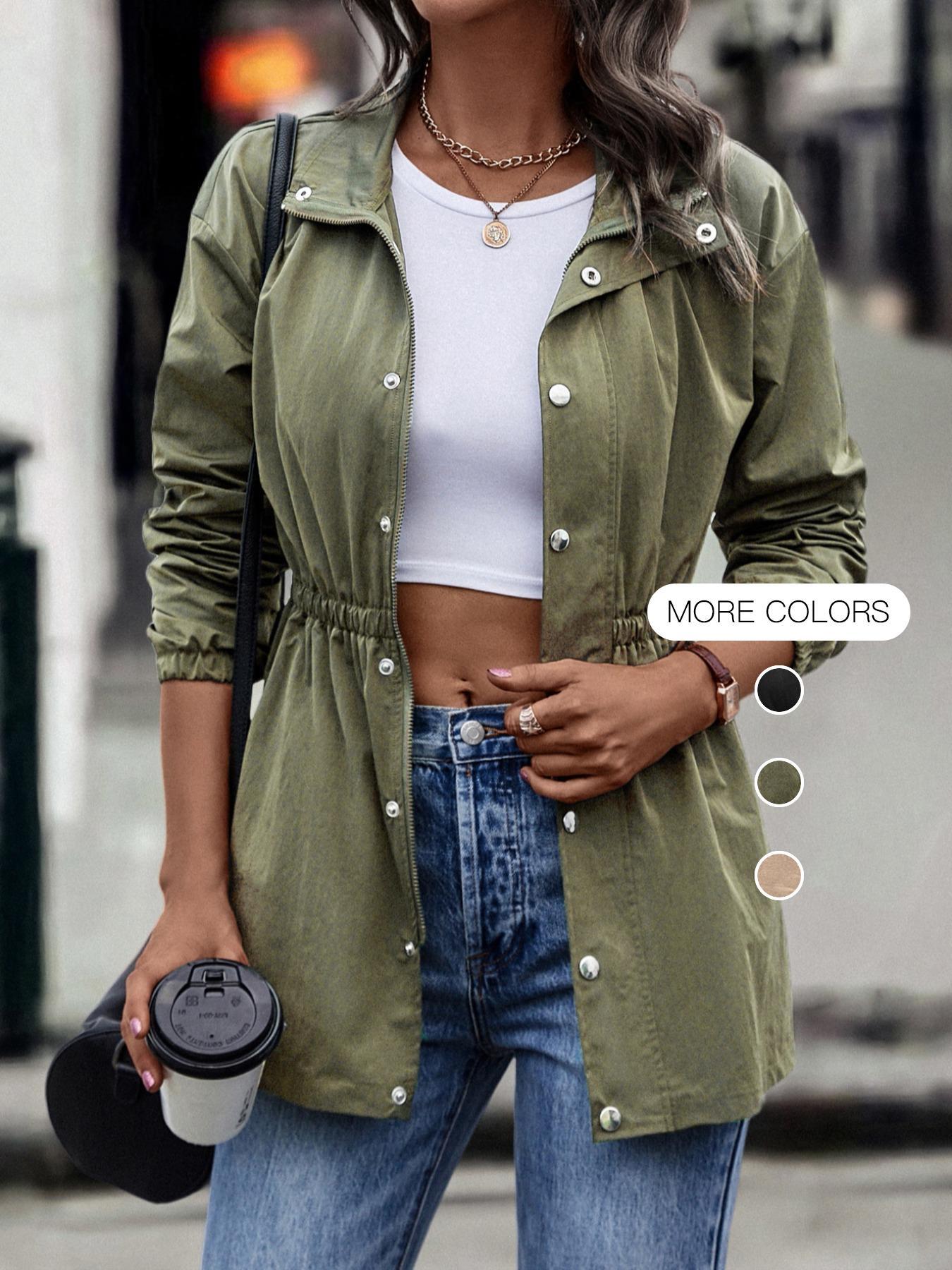 Women's Solid Woven Fabric Fitted Button Front Collar Jacket Coats, Casual Long Sleeve Outerwear for Spring & Fall, Ladies Clothes for Daily & Everyday Wear, Womenswear