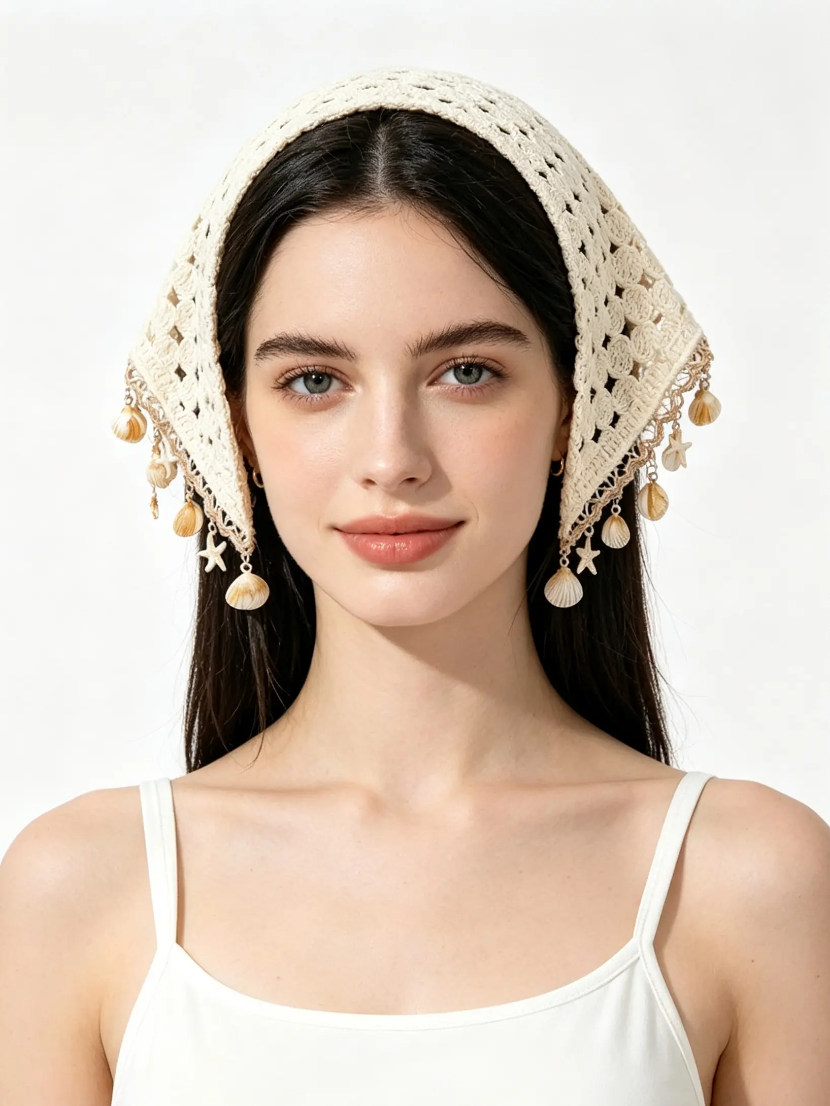 Cream Handmade Crochet Beach Head Wrap with Natural Seashell Pendants