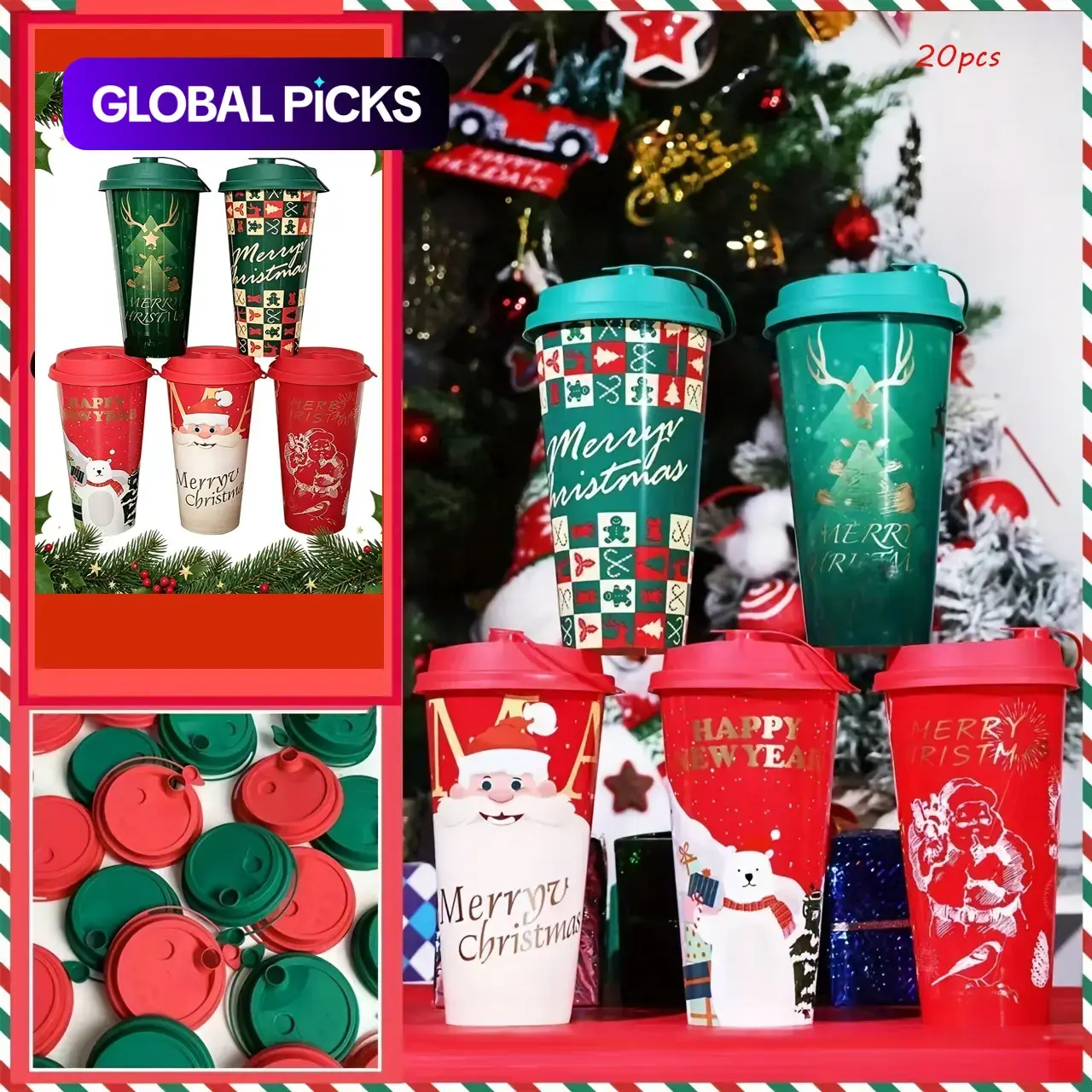 20pcs Christmas Party Cups with Lids, Reusable PP Plastic Santa Tree Design, 520ML Capacity, Portable and Lightweight, Perfect for Holiday Parties