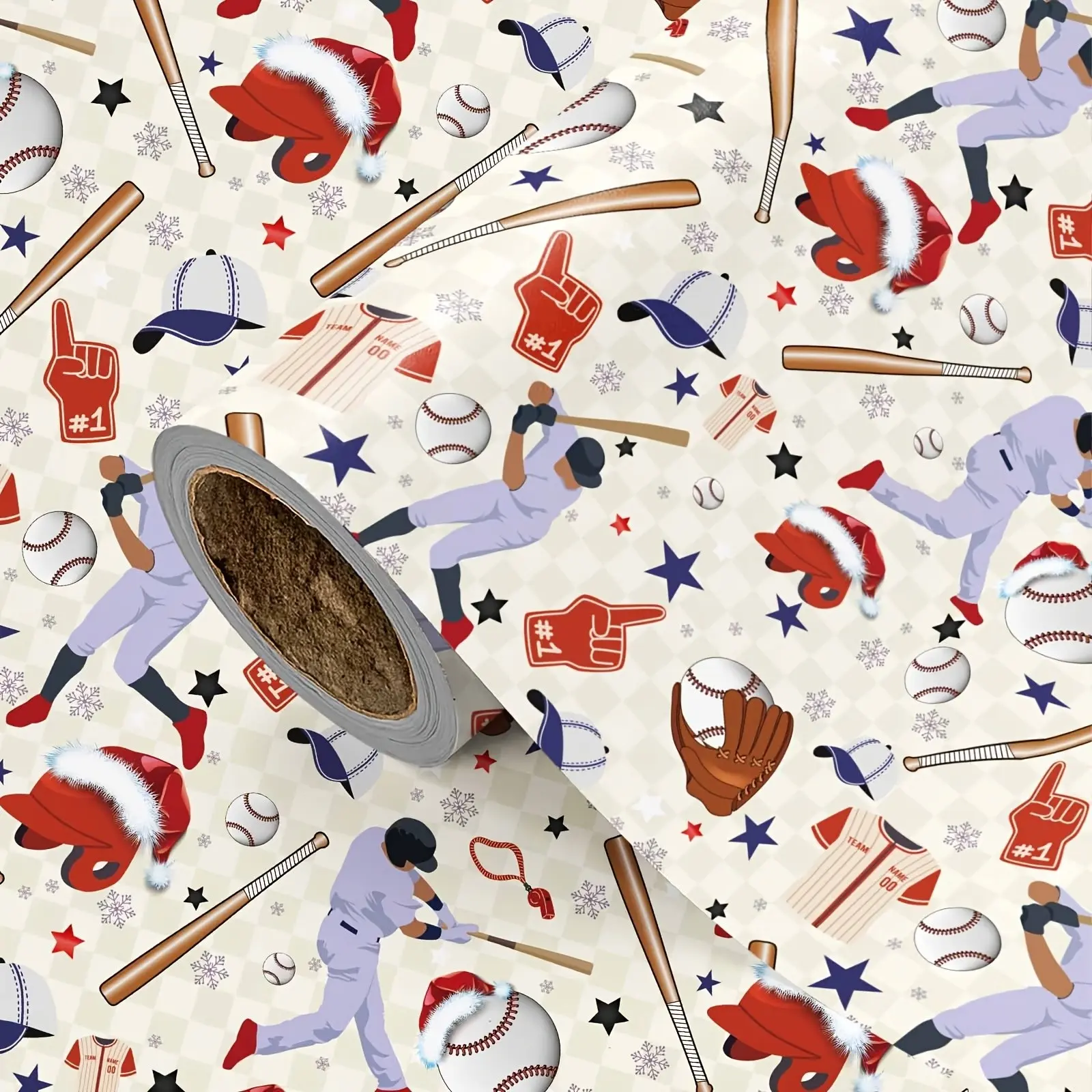 Baseball Christmas Theme Wrapping Paper, Baseball and Christmas Elements Pattern, Party Gift Wrap, 43.2cm X 500cm, Sports Fan Gift