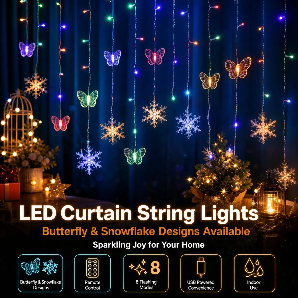 USB Butterfly Icicle Curtain Lights with 13 Key Remote & Timer Function, 8 Lighting Modes Battery Operated Star Fairy Lights, Romantic Hanging Decor Lamps for Wedding, Christmas Bedroom & Party Atmosphere Layout