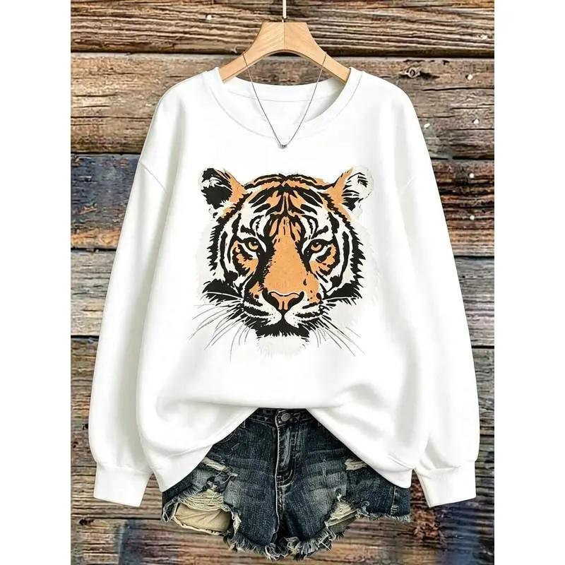 Women Versatile Long Sleeve Sweatshirt, Vintage Distressed Tiger Head Print Crew Neck Pullover, Loose Casual Fashion Autumn Daily Streetwear Top