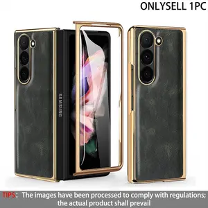 Stylish Business Premium Leather Phone Case Compatible with Samsung Galaxy Z Fold 7, Z Fold 6, Z Fold 5, Z Fold 4, Z Fold 3, Front Screen Protector, All-in-One Case and Film Design, Shockproof Protective Cover Leather Covers