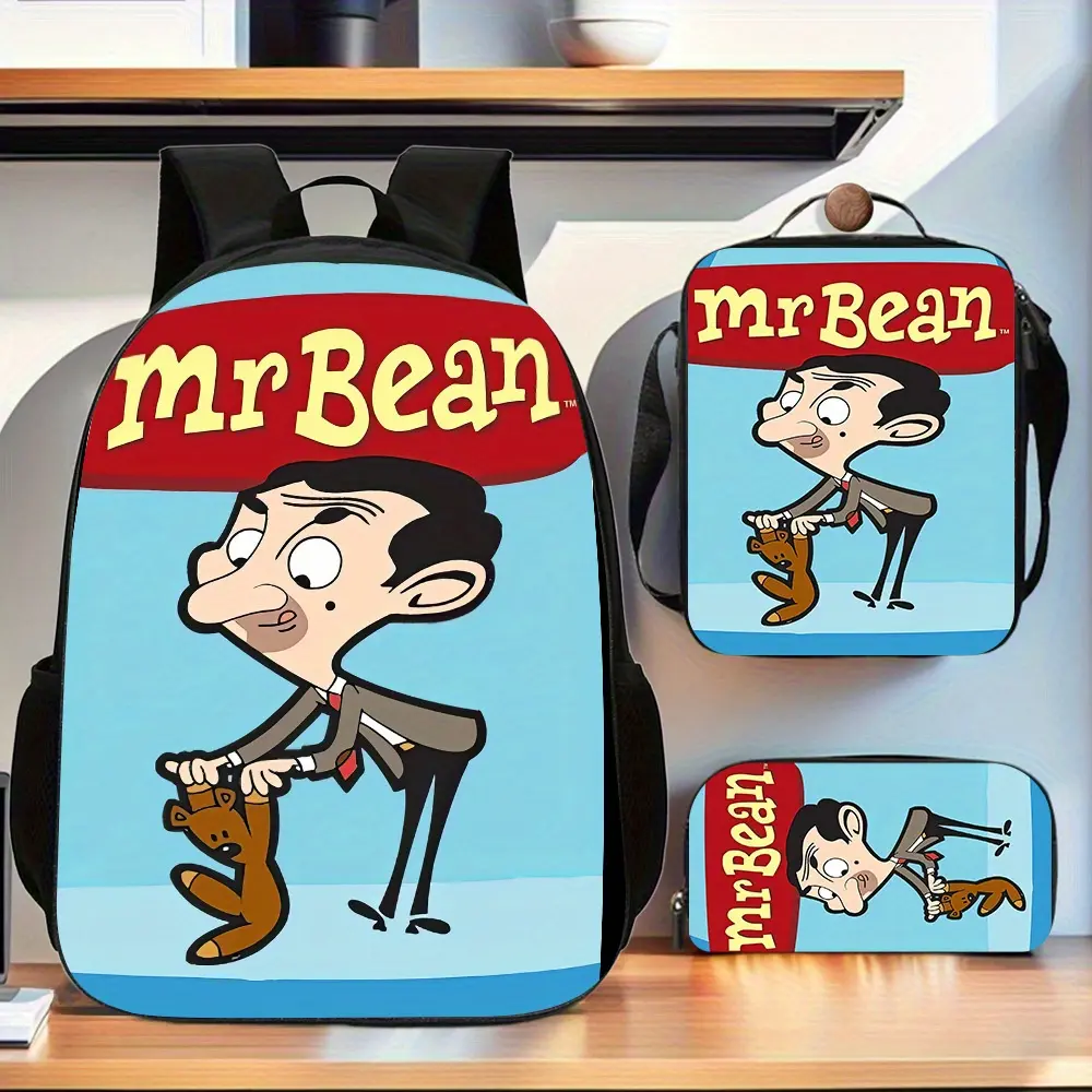 Kids 3-Piece Water-Resistant Backpack Kit - Cartoon Mr Bean Teddy Bear Light Blue Print, 600D Oxford School Backpack, Lunch Bag, Pencil Case with Detachable Cross Shoulder Strap, Fade-Proof for Elementary Daily Commute (Crossbody/Shoulder Bag Option)