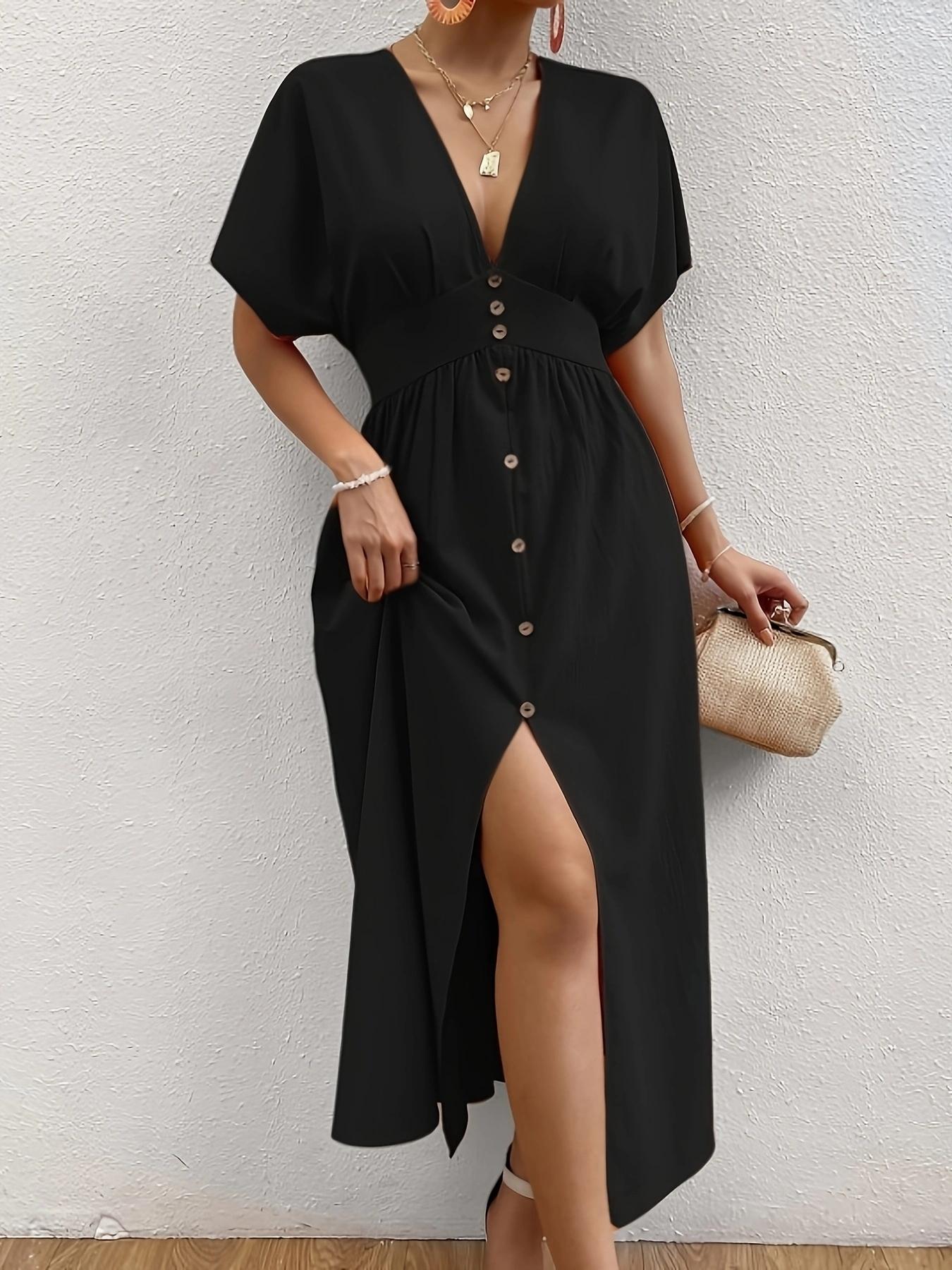 Women's Plain Button Front Short Sleeve Dress, Elegant Piece, Chic Dress for Party Holiday Wedding Guest, Ladies Summer Clothes Womenswear Women's Plain Button Front Short Sleeve Dress, Elegant Piece, Chic Dress for Party Holiday Wedding Guest, Ladies Summer Clothes Womenswear