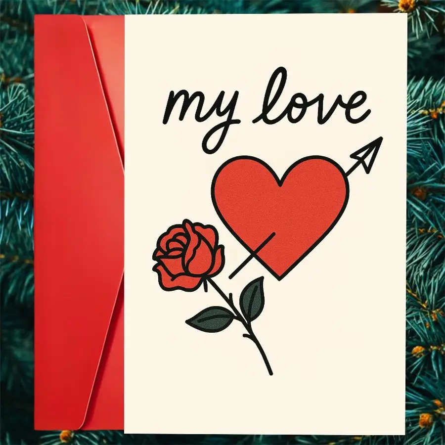 Romantic Love Greeting Card with Heart & Rose Design, Elegant Cursive 'my Love' Text, Perfect for Anniversaries, Valentine's Day