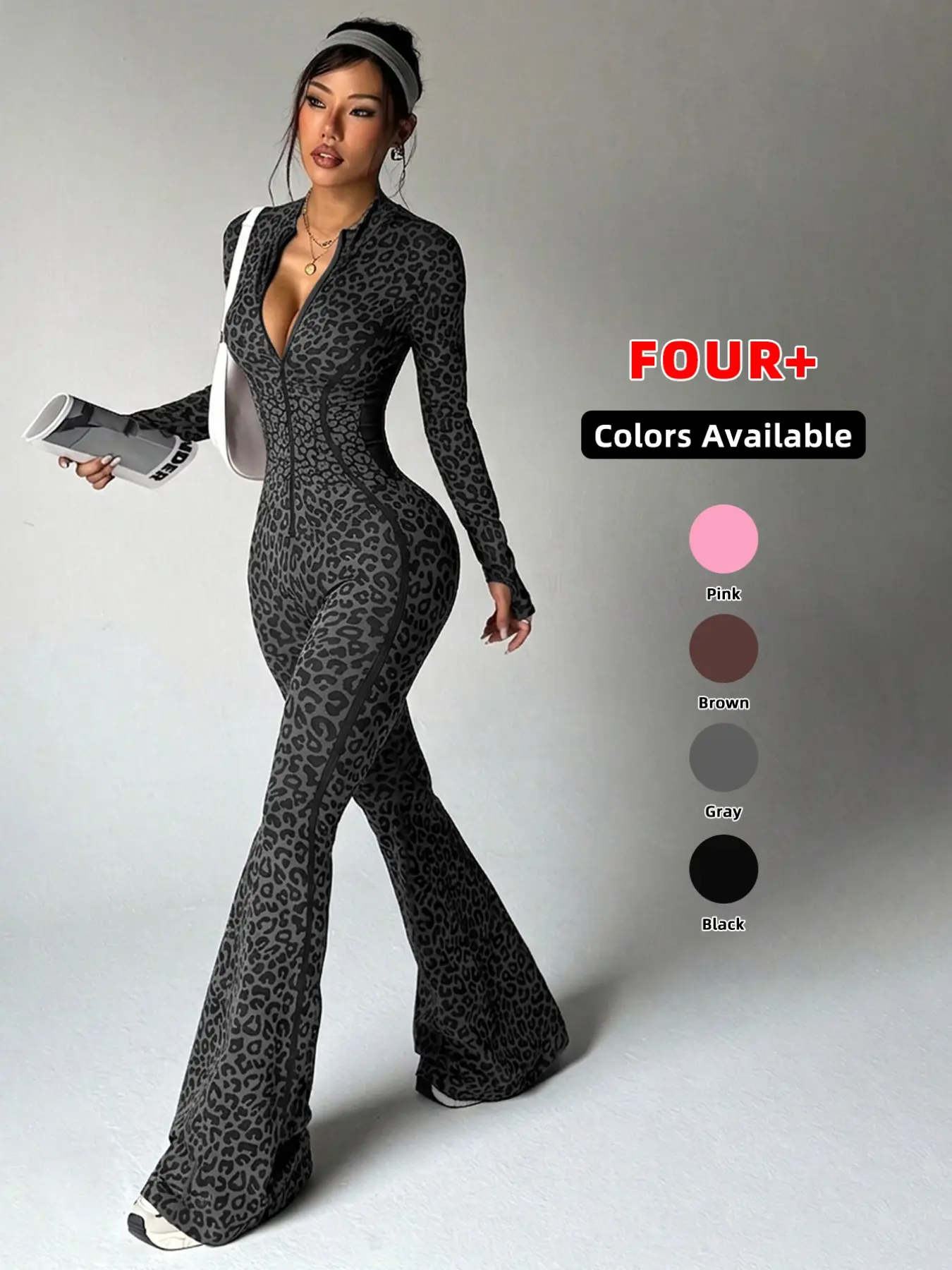 Women's Seamless Leopard Print Yoga Suit, High Waist Butt Lifter, Long Sleeve Zipper, Slim Fit Workout, Running Sportswear