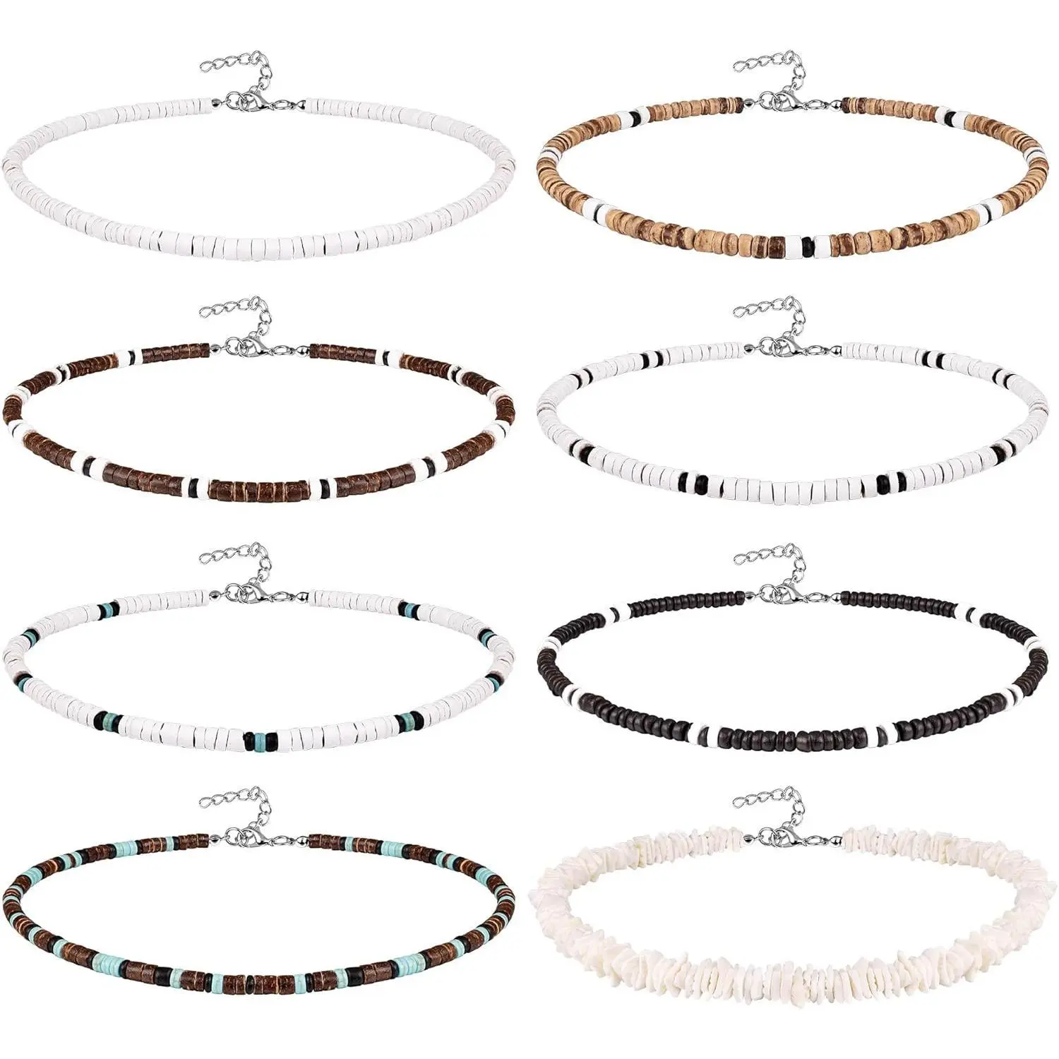 8Pcs Puka Shell Necklace for Men Women Summer Beach Surfer Necklace Men Seashell Choker Necklace with Clam Chip Beads Necklace Beach Set 16/18 Inches