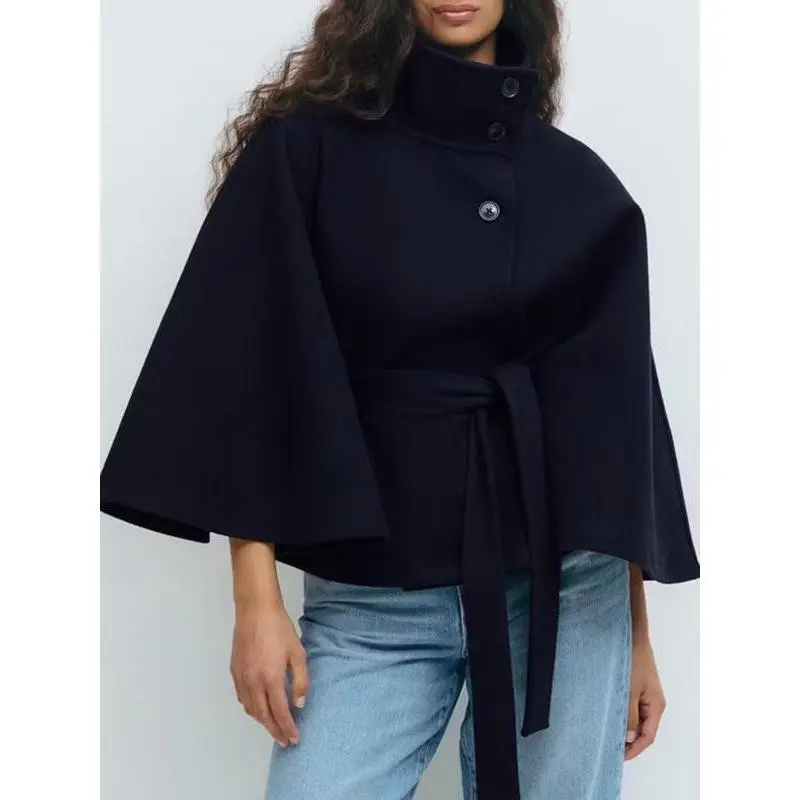 No Pattern Front Buckle Belt Wool Cape Coat Women's Casual Autumn Winter Fashion Daily Date Outfit long sleeve neck trendy open Crop Top Black White Set trench buttoned multi-color loose fit  top jacet chunky  button up flounce knit wide afghan Blaze