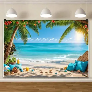 Hawaii Beach Surfboard Tropical Backdrop Party Background Cloth, Ocean Flower Tapestry Wall Hanging Photography Background Premium Polyester Fabric, Birthday Celebration Decor, Holiday Event Setup, Photo Studio Prop, Beach Party Background
