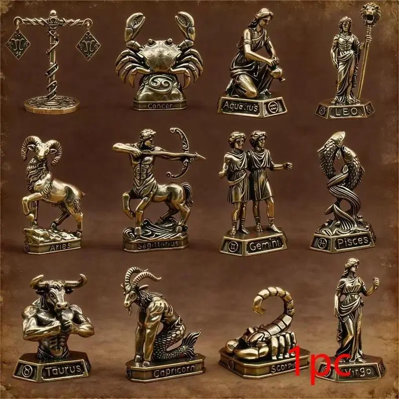 Vintage Brass Zodiac Statue Ornament, 12 Constellation Sculptures, Statue Figurines, Decorative Statues, Elegant Metal Craft, Perfect for Home Office Decor, Sculpture Desk Decor, Birthday Gift Idea, Desk Ornaments